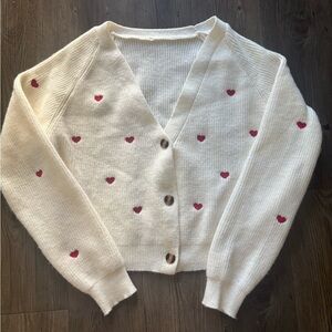 Heart-Embroidered Button-Up Cardigan Sweater